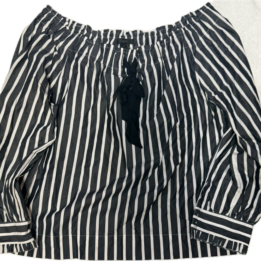 J Crew Black and White Striped Top with Black Accent Bow | Sz M